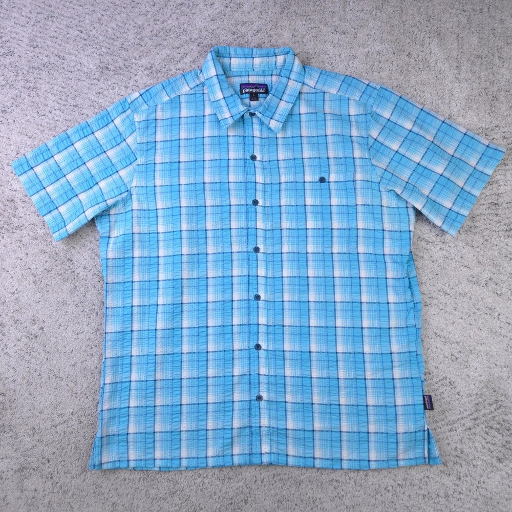 Patagonia Shirt Mens Large Seersucker Short Sleeve Button Plaid Blue Collared
